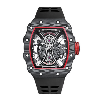 格雅(geya)全自动机械手表国潮酒桶镂空男士手表 黑色