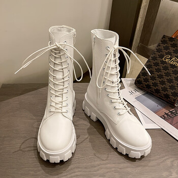 女士秋冬单皮鞋半高靴白色马丁女新款英伦风帅气机车子中筒短子女春秋