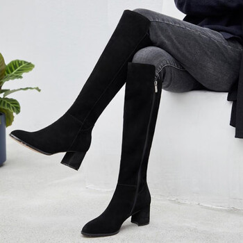 绒显瘦粗中跟翻毛皮反毛皮反毛皮高桶靴牛皮中长款高筒靴 黑色(单里)