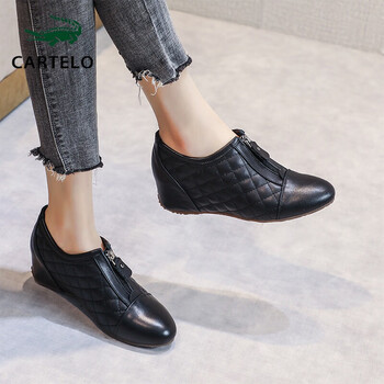 卡帝乐鳄鱼高档轻奢内增高女鞋一脚蹬新款休闲皮鞋软皮旅游鞋春秋眞皮