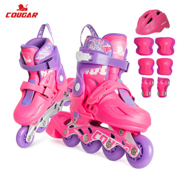 美洲狮（COUGAR） 闪光轮滑鞋儿童套装可调溜冰鞋 粉紫L码