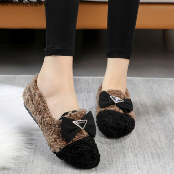 嵩允超火毛毛鞋女秋冬外穿加绒保暖豆豆鞋羔毛平底一脚蹬女棉鞋黑色偏