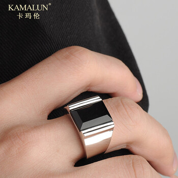 卡玛伦925银镀白金黑玛瑙男士戒指 潮男个性韩版霸气单身学生食指指环