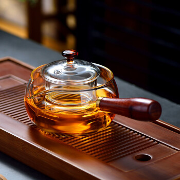 扬器日式耐热玻璃侧把煮茶壶耐高温实木把泡茶壶花茶壶套装家用煮茶器 300ML木把壶+4杯