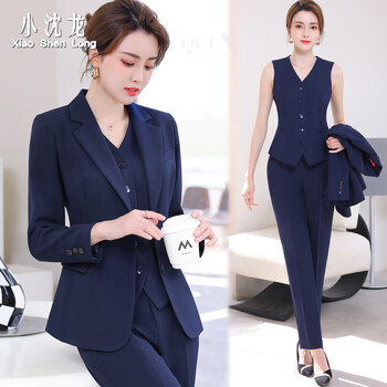 小沈龙 西服套装女爆款修身显瘦休闲裤女士职业正装坎肩马甲韩版小西装外套时尚三件套 PRKD8818 深蓝色 2XL 