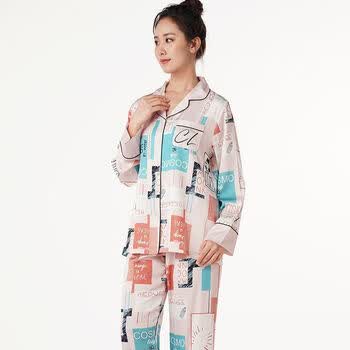 都市丽人孕产妇家居服顺滑丝质趣味印花睡衣女长袖长裤翻领家居服套装