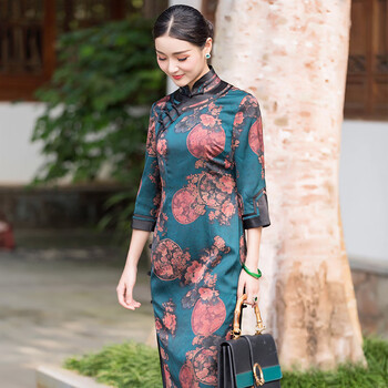 长袖旗袍长款新款气质中式复古老上海优雅淑女祺袍秋冬新款 靛蓝色