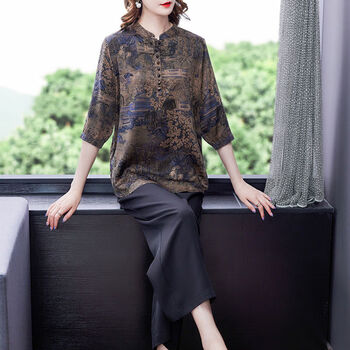 tzvf香云纱上衣高端女装真丝香云纱衬衫女2023新款印花大蓝色m90105斤