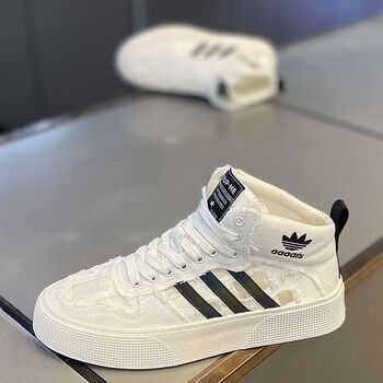 ifdm三道杠高帮板鞋2023年夏季网面镂空布面透气鞋子男超火百搭帆布鞋