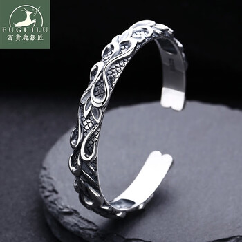 925银镯子开口泰银复古做旧潮流中国风饰品 手镯