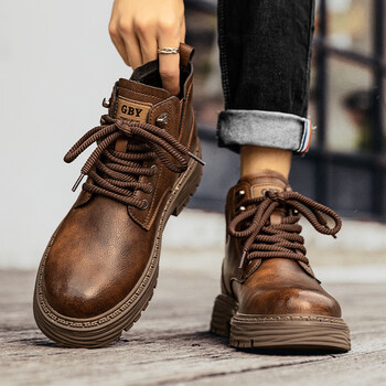 英皇保罗马丁靴男款秋季2023新款户外英伦风高帮真皮复古工装棕色机车