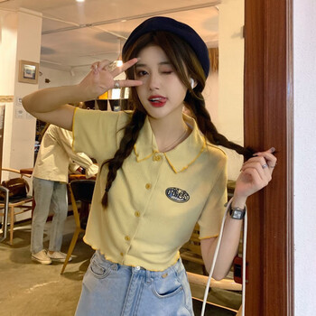 粉色短袖t恤女生短袖甜美辣妹短款别致上衣服女夏季初恋盐系polo领ins