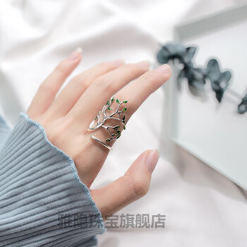 夕迎正s925银戒指女韩版森系文艺夸张绿叶树枝个性甜美指环饰品s925银
