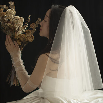 头纱领证求婚旅游拍照道具浅香槟色新娘婚纱结婚旅拍自拍双层小简约头