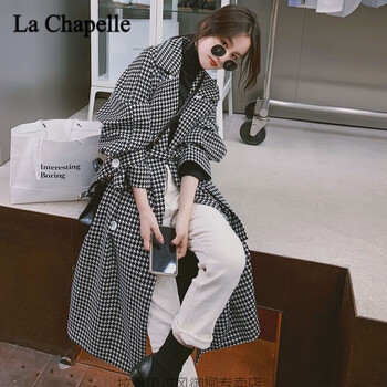 lachapellesport拉夏贝尔毛呢大衣女黑白千鸟格风衣外套女春秋长款