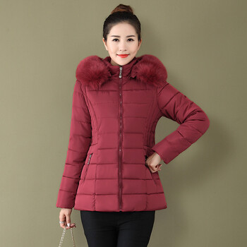 棉服女冬季修身棉服大毛领短款加厚女式棉衣 枣红色 xxl