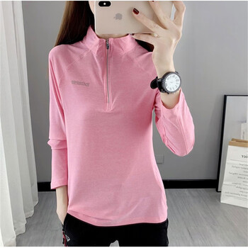 速干衣女长袖t恤夏秋户外运动健身跑步瑜伽服弹力透气吸汗衫 粉色-女