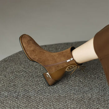 思美境后系带短靴女粗跟方头拼接磨砂皮靴子秋冬新款时尚百搭中跟马丁