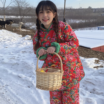 花袄大棉袄女冬加厚民族风碎花棉服时尚棉衣棉裤套装女外穿 红色套装