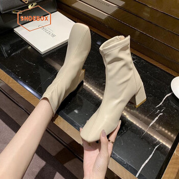 鞋柜达芙妮旗下马丁靴女英伦风新款春秋季单靴方头粗跟高帮高跟鞋女靴