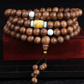 豆蔻时光8mm沉香木手串把件文玩佛念珠黄金珠蜜蜡绿松石108颗手链男女士款