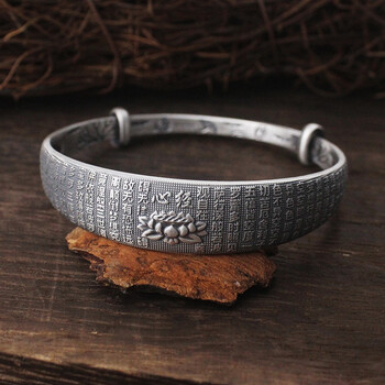 周大福款式999银手镯女六字真言心经推拉复古银镯子送女友送妈妈 复古