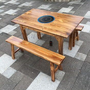 商用火锅圆桌开孔带电磁炉实木大圆桌小圆桌饭店酒店农家乐碳化木桌椅