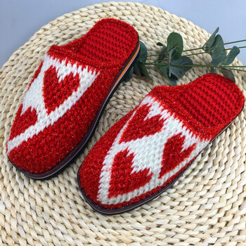 毛线拖鞋纯手工钩编织男女婚嫁家居拖鞋防滑拖鞋情侣 红色 金丝爱心