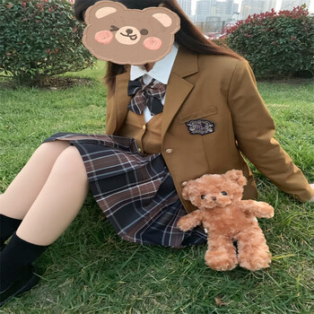 jk原创设计西装格裙开衫刺绣衬衫全套制服 熊丢丢42cm 棕色西装-套装