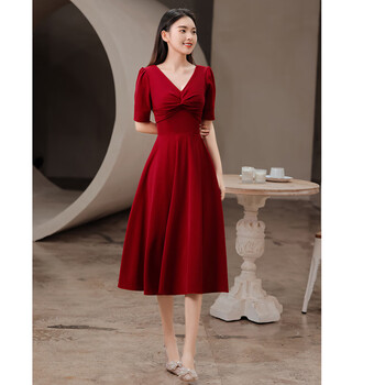 麦斯贝思敬酒服新娘酒红色订婚连衣裙结婚礼服回门出阁小个子平时可穿