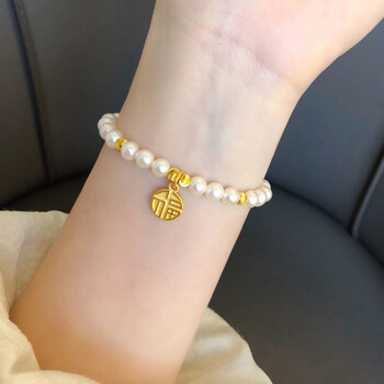 晚仪珠宝黄金福牌珍珠手链女999足金小桃花转运珠淡水珍珠520情人节