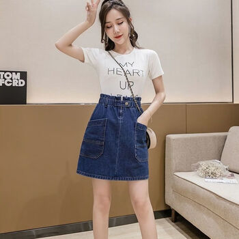 cdcafgk牛仔连衣裙夏季新款休闲显瘦复古港味泡泡袖浅蓝连体裙子蓝色s