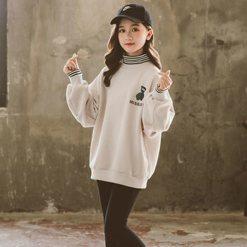 15岁新款洋气长袖中大童韩版宽松时尚打底衫荧光女童杏色春秋款荧光