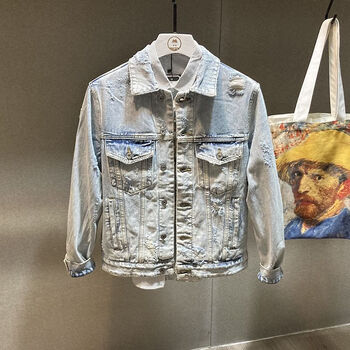 thssne男款水洗做旧牛仔外套韩国春装韩版休闲夹克男破洞水洗浅色牛仔