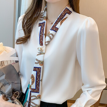 白色衬衫女2022春秋飘带上衣设计感小众气质时尚长袖缎面衬衣 白色 m