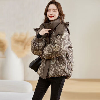 骆穂豆专柜撤回品牌棉服女冬季2023短款印花小个子加厚显瘦外套图片色