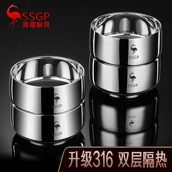 三四钢（SSGP）【德国】316不锈钢碗双层隔热防烫吃饭碗儿童碗防摔餐具汤碗面碗 316大号【520ml】4个装