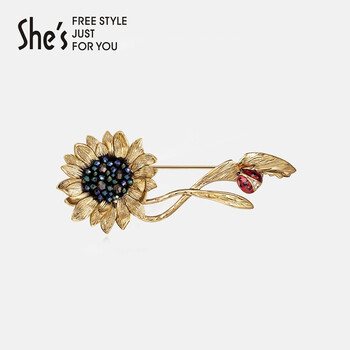 She's茜子梵高向日葵原创设计手工钉珠复古水晶瓢虫胸针胸花配饰 金色向日葵D0