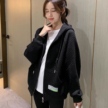 休闲连帽短外套女2022春季韩版宽松华夫格子开衫卫衣棒球服潮黑色m90