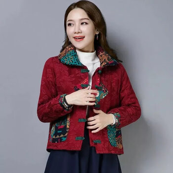 妙芙莲民族风女装秋冬新款唐装棉衣女中国风棉麻提花长袖短款小棉袄
