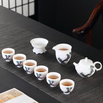 borunHOME陶瓷功夫茶具套组哑光白瓷手绘茶壶盖碗公道杯茶杯整套茶具礼盒装 哑光瓷迎客松茶壶茶具套组