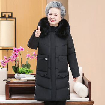 确不凡老年羽绒服女6070岁中长款反季羽绒服女装中长款秋冬季加厚黑色
