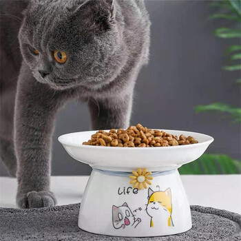 宠情 猫碗陶瓷碗狗碗防打翻饭盆保护颈椎宠物猫咪食盆喝水碗饭碗用品 【高脚圆盘】惊吓喵 护颈陶瓷碗系列