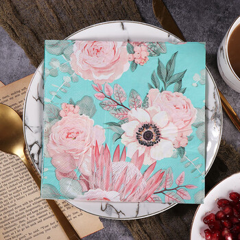 七千色新款蓝色花印花纸巾 彩色餐巾纸 婚庆派对酒店用纸纯木浆