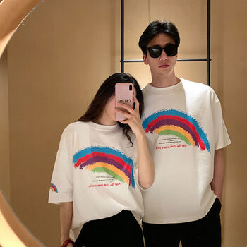 zrty情侣装女装短袖t恤新款情侣款衣服学生宽松上衣夏潮白色单件棉80