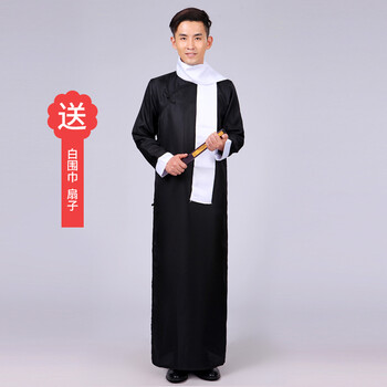 服民国服装长衫五四青年学生装男士长袍中式马褂黑色围巾扇子170cm