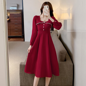 晚宴礼服平时可穿红色连衣裙女春秋赫本风中长款回门新娘订婚晚宴会