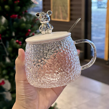 沨漪栎618优选ins可爱玻璃水杯女生高颜值马克杯锤纹杯小熊银盖勺子
