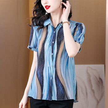 拉夏贝尔真丝短袖衬衫女桑蚕丝印花衬衣宽松洋气夏季款法式气质上衣