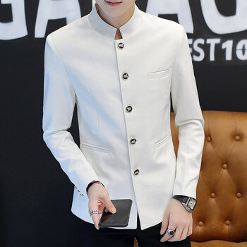 一套装潮流学生男士男式中国风复古中式春秋季外套褂子1812白色西服l